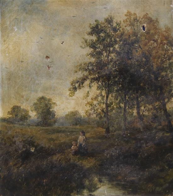 19th century English School, oil on canvas, children in a landscape, 31 x 25cm, unframed